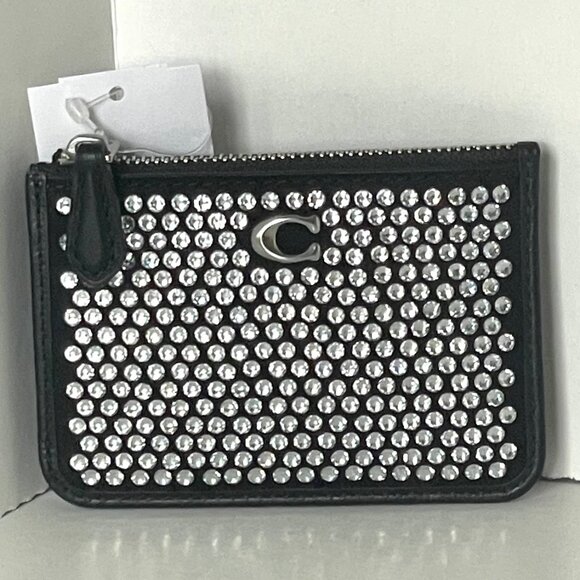 Coach Essential Mini ID Card Case Wallet Keychain Crystal Black Leather CX249 - Picture 3 of 9